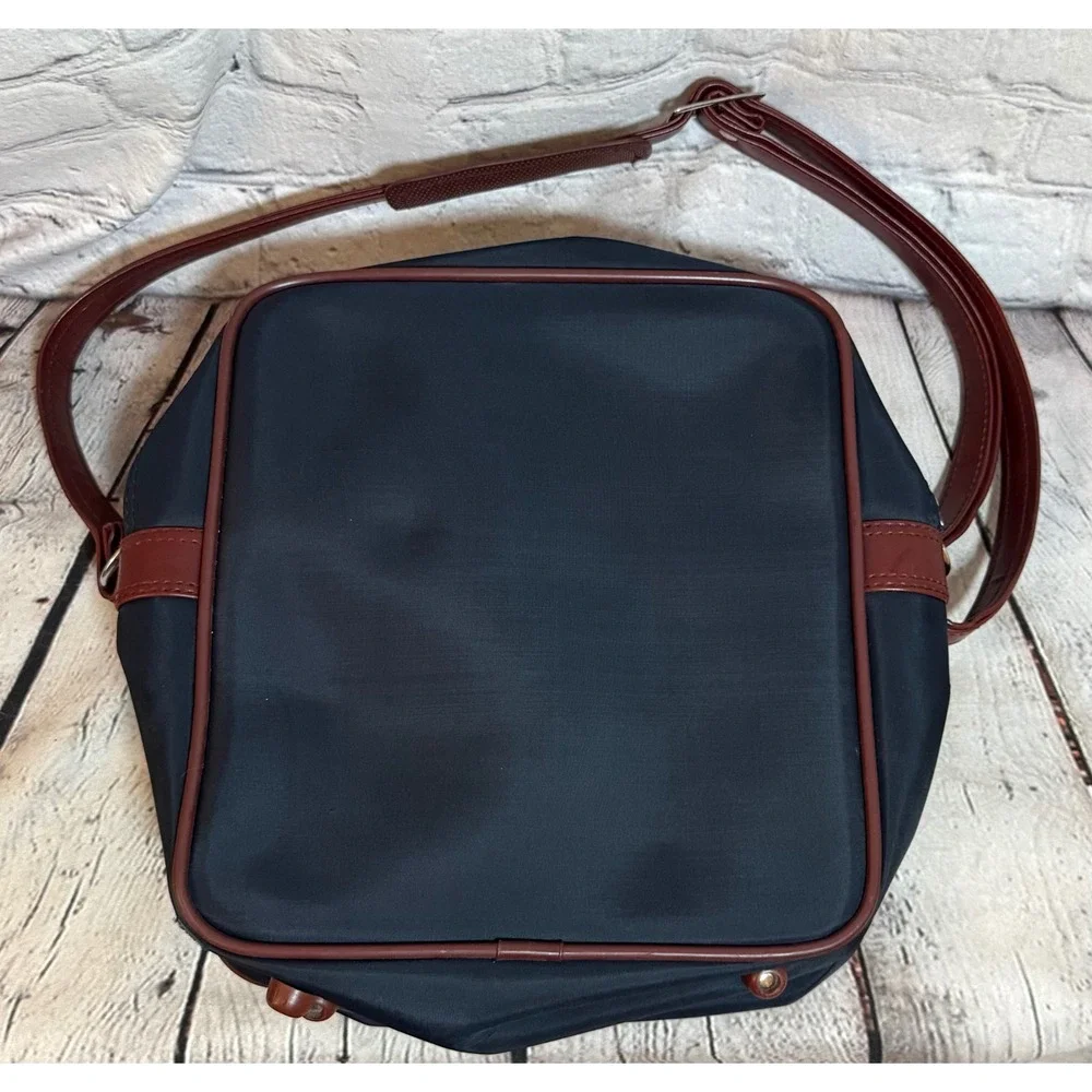 Vintage Navy Blue Nylon Crossbody Bag Brown Trim Adjustable Strap